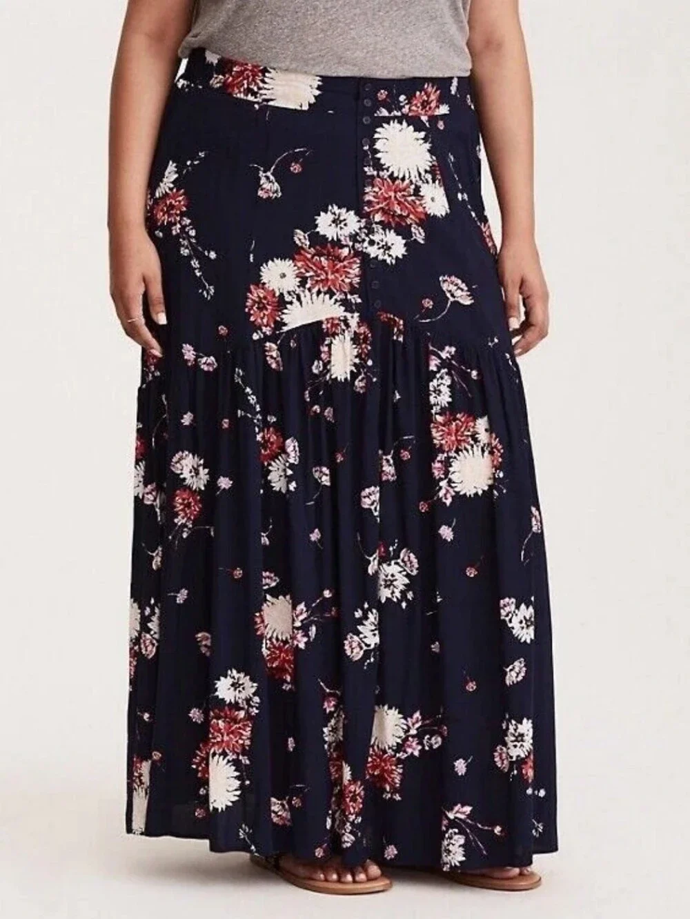 NWT Torrid Navy Floral Button Front Back Zip Stretch Challis Maxi Skirt